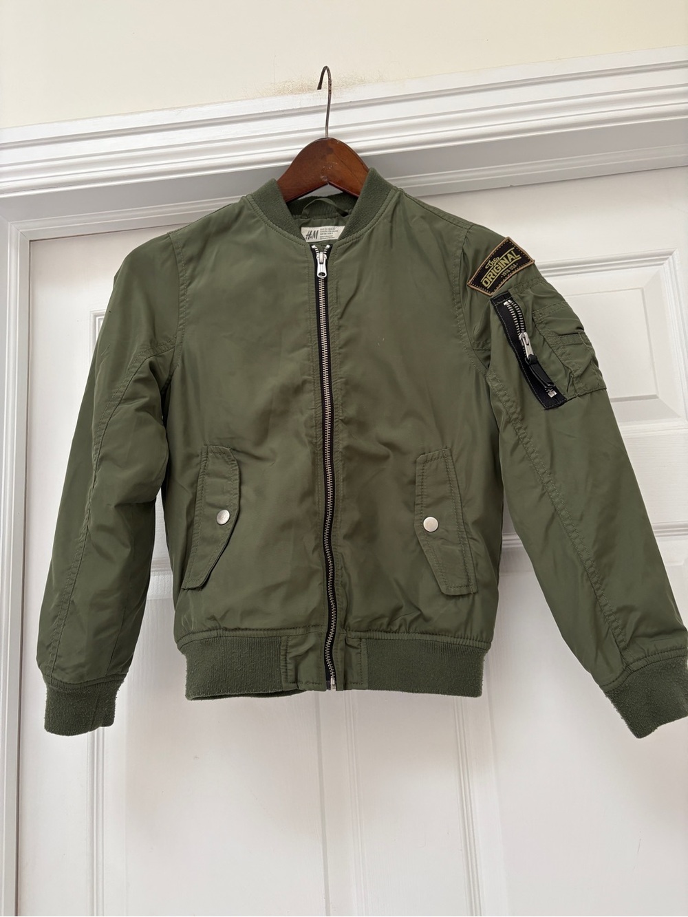 H&M Olive Green Boys 8-9 year old Bomber Jacket with Sleeve Utility Pocket